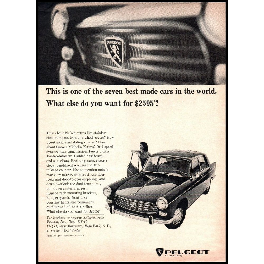 1966 Peugeot 404 Sedan Classic Car Vintage Print Ad Lion Emblem Grill Wall Art